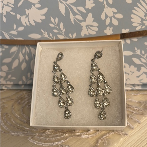 Silver Tiered Chandelier Earrings with Crystal Accents - Picture 2 of 2